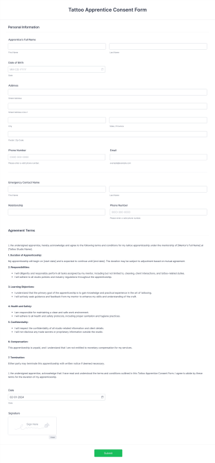 Tattoo Apprentice Consent Form Template