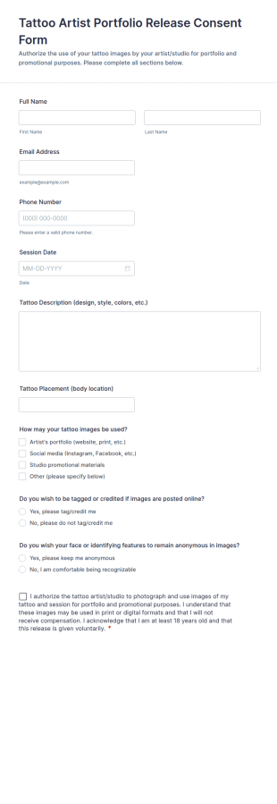 Tattoo Artist Portfolio Release Consent Form Template