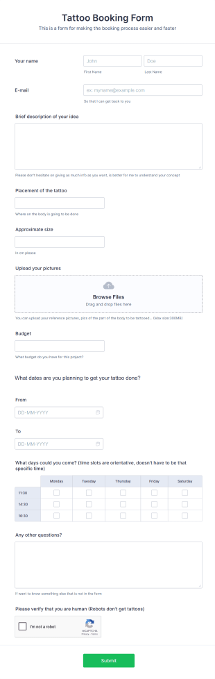Tattoo Booking Form Template
