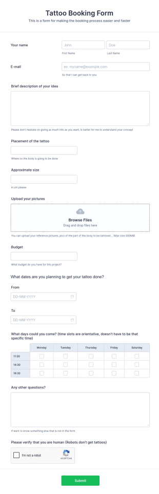 Tattoo Booking Form Template