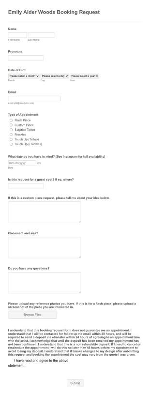 Tattoo Booking Request Form Template