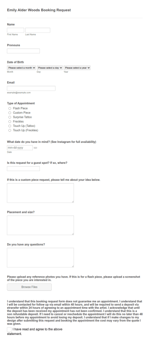 Tattoo Booking Request Form Template