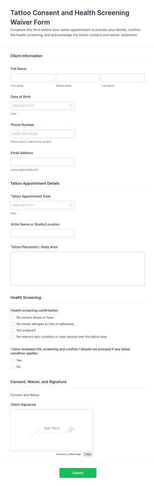Tattoo Consent And Health Screening Waiver Form Template