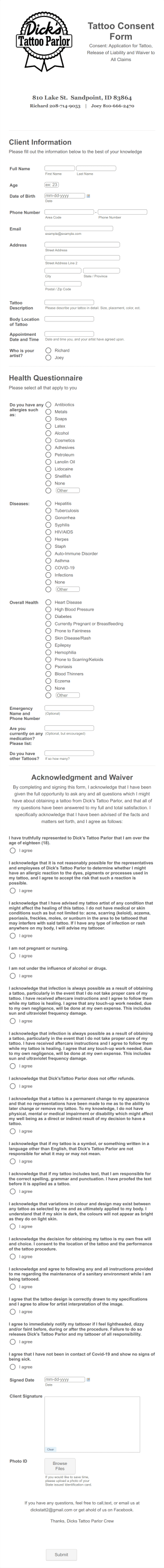 Tattoo Consent Form Dtp Form Template