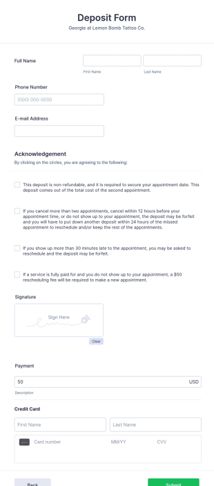 Tattoo Deposit Form Template