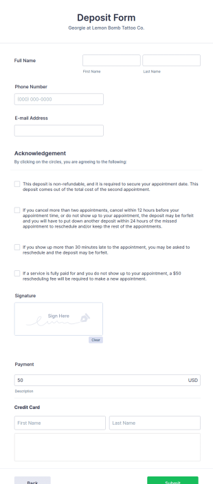 Tattoo Deposit Form Template