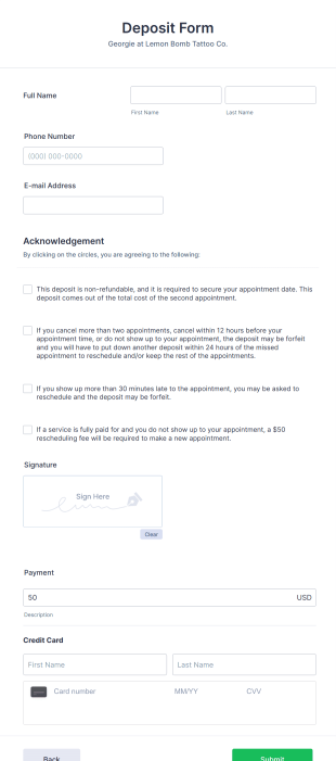 Tattoo Deposit Form Template