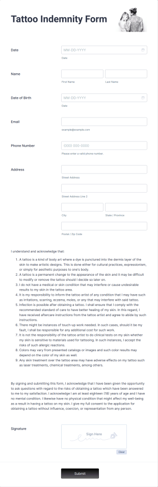 Tattoo Indemnity Form Template