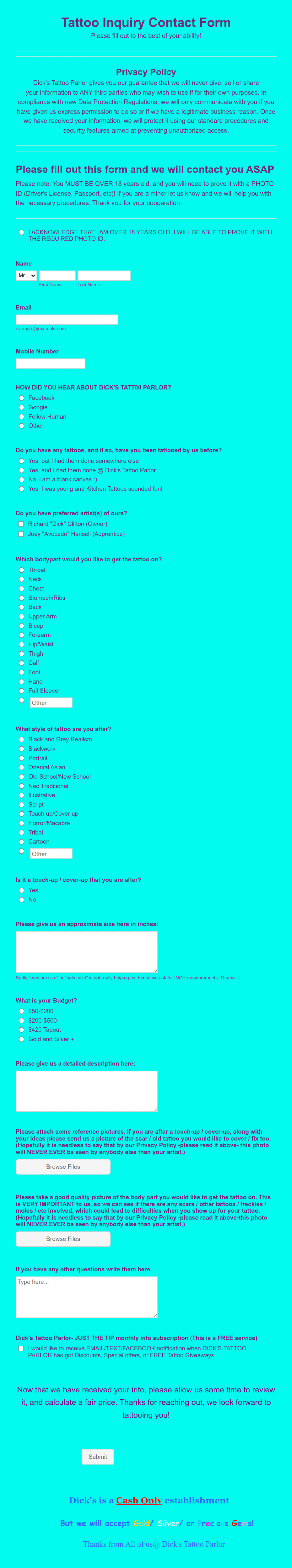 Tattoo Inquiry Form DTP Form Template Jotform