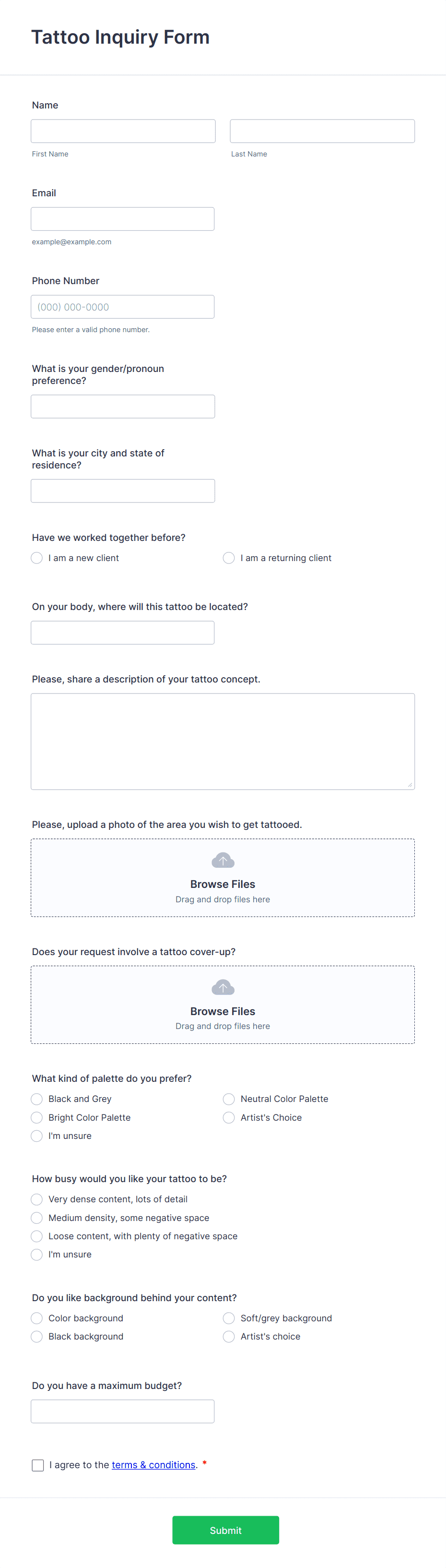 Tattoo Inquiry Form Template Jotform