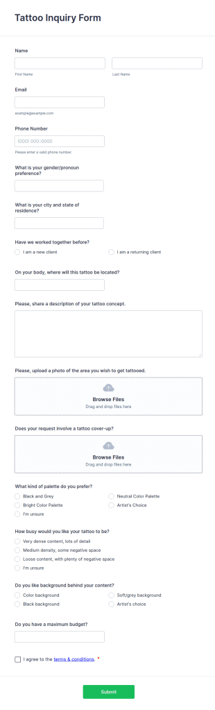 Tattoo Inquiry Form Template