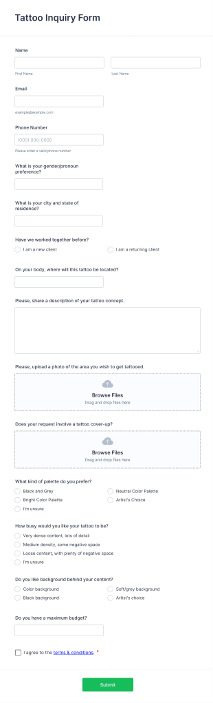 Tattoo Inquiry Form Template