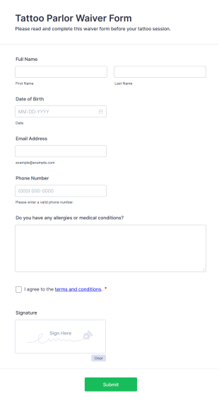 Tattoo Parlor Waiver Form Form Template