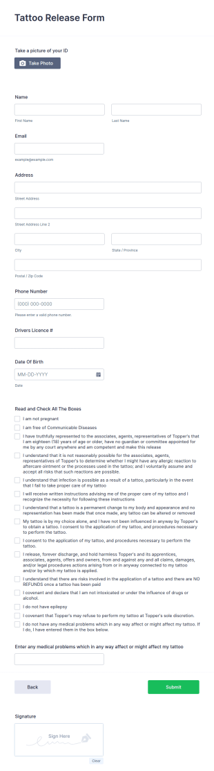 Tattoo Release Form Template