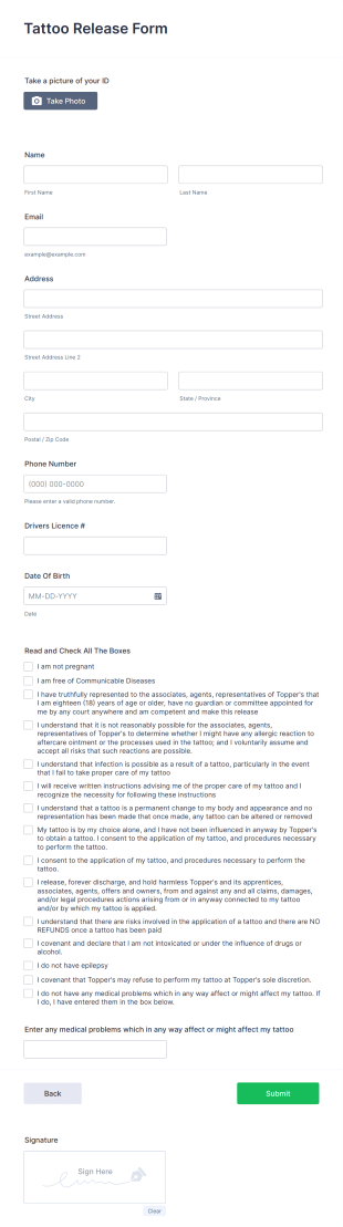 Tattoo Release Form Template