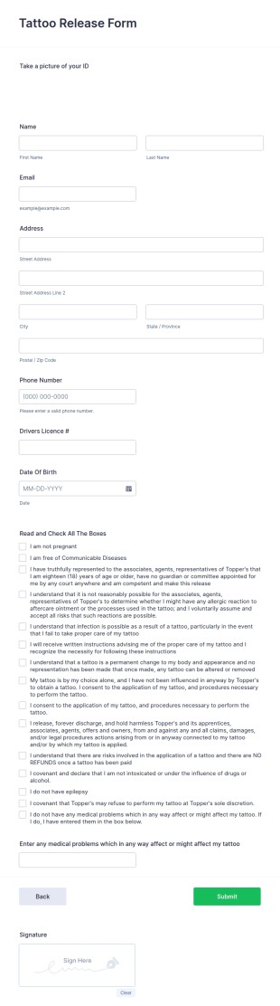 Tattoo Release Form Template