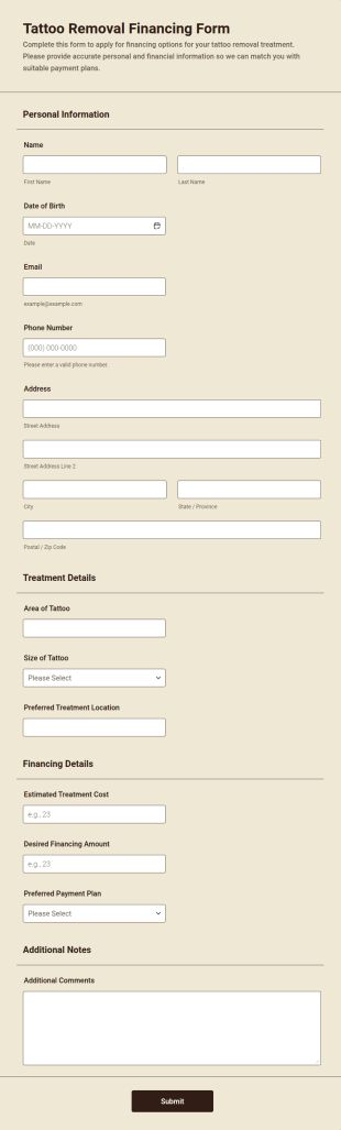 Tattoo Removal Financing Form Template