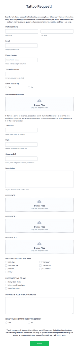 Tattoo Request Form Template