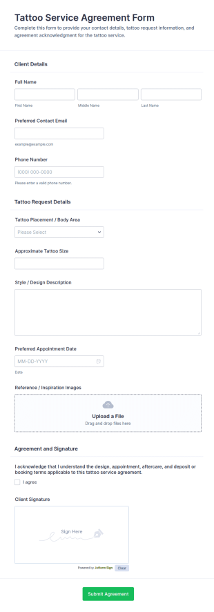 Tattoo Service Agreement Form Template