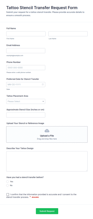 Tattoo Stencil Transfer Request Form Template