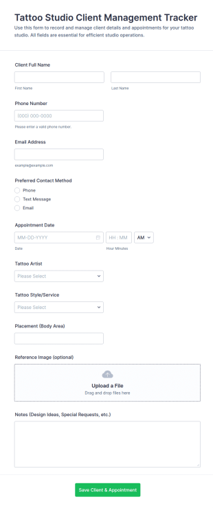 Tattoo Studio Client Management Form Template