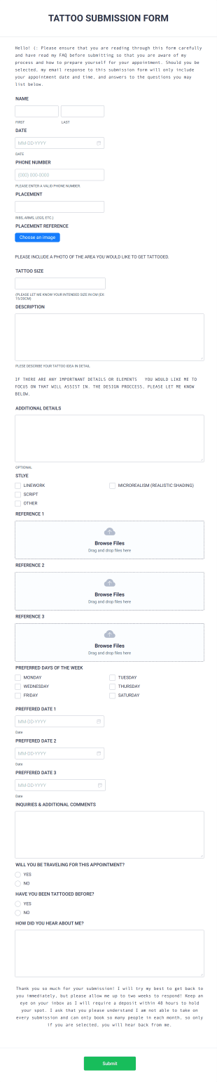 Tattoo Submission Form Template