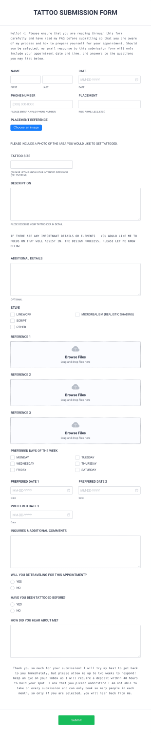 Tattoo Submission Form Template