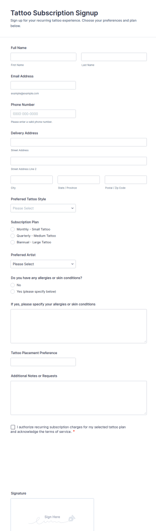Tattoo Subscription Signup Form Template