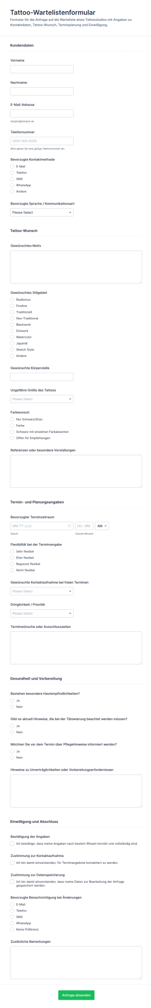 Tattoo Warteliste Formular