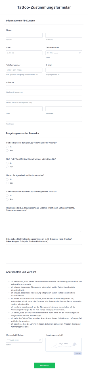 Tattoo Zustimmungsformular Form Template