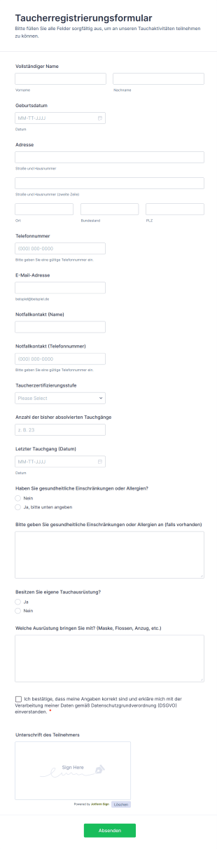 Taucherregistrierungsformular