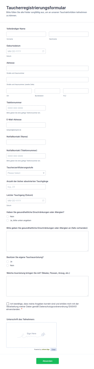 Taucherregistrierungsformular
