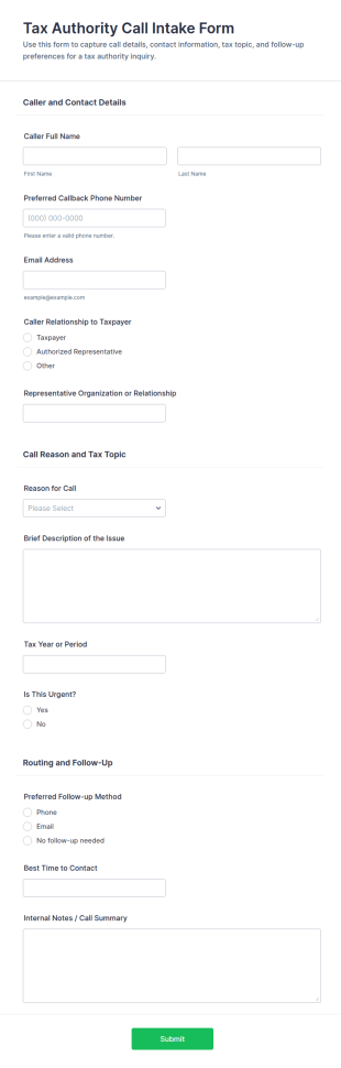 Tax Authority Call Intake Form Template