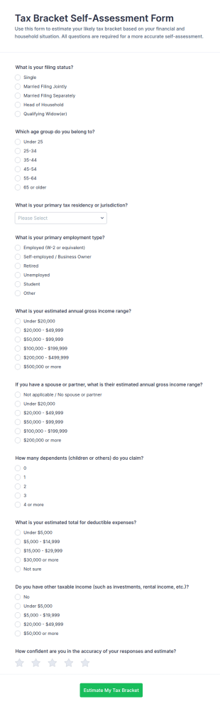 Tax Bracket Self Assessment Form Template
