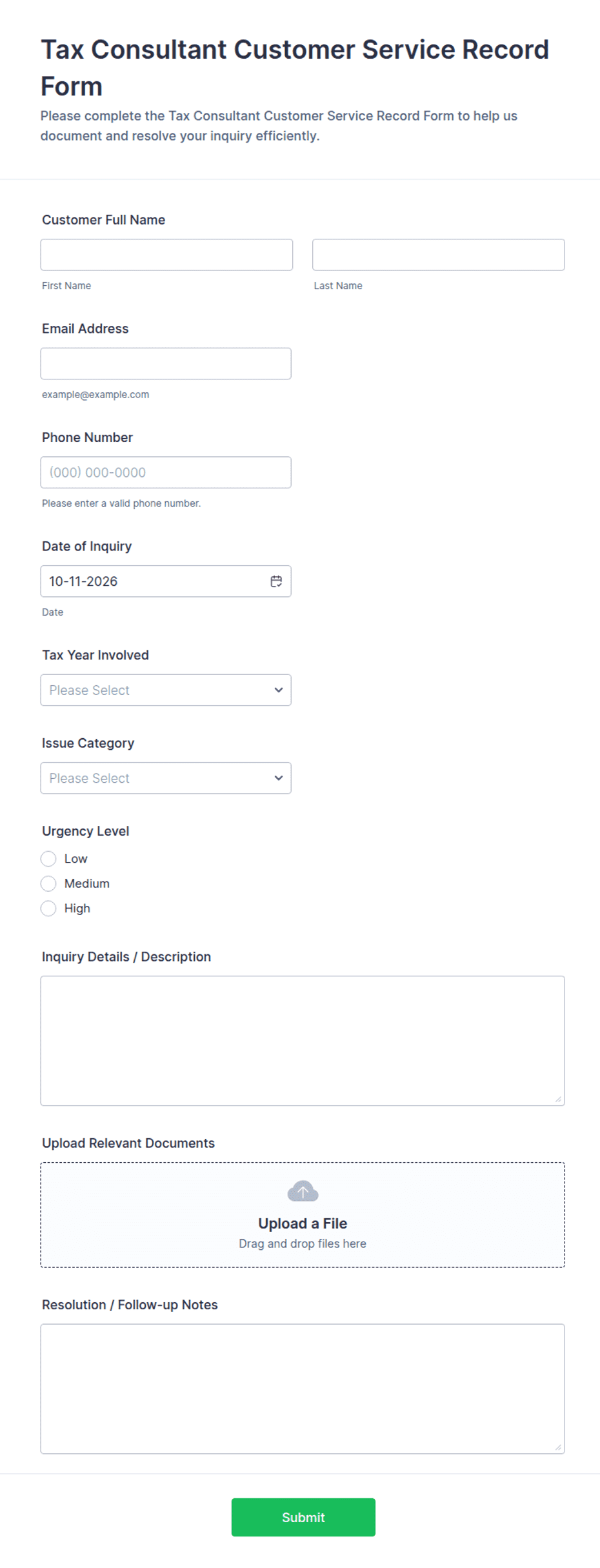 Tax Consultant Customer Service Record Form Template | Jotform
