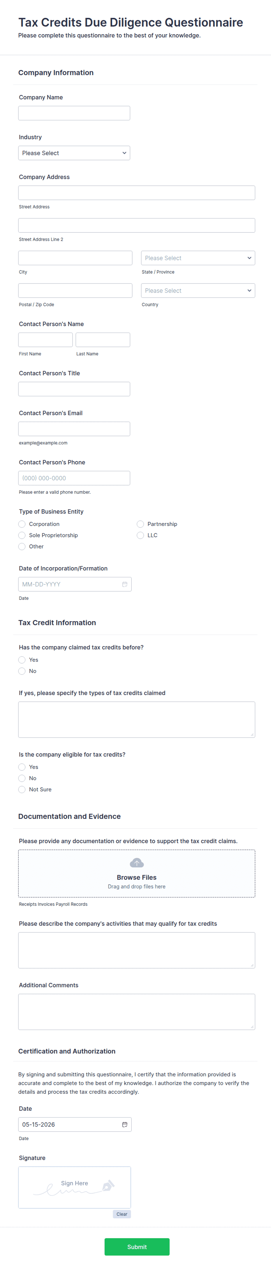 Tax Credits Due Diligence Questionnaire Form Template Jotform