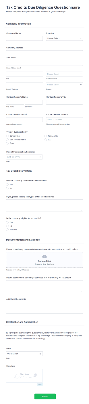 Tax Credits Due Diligence Questionnaire Form Template