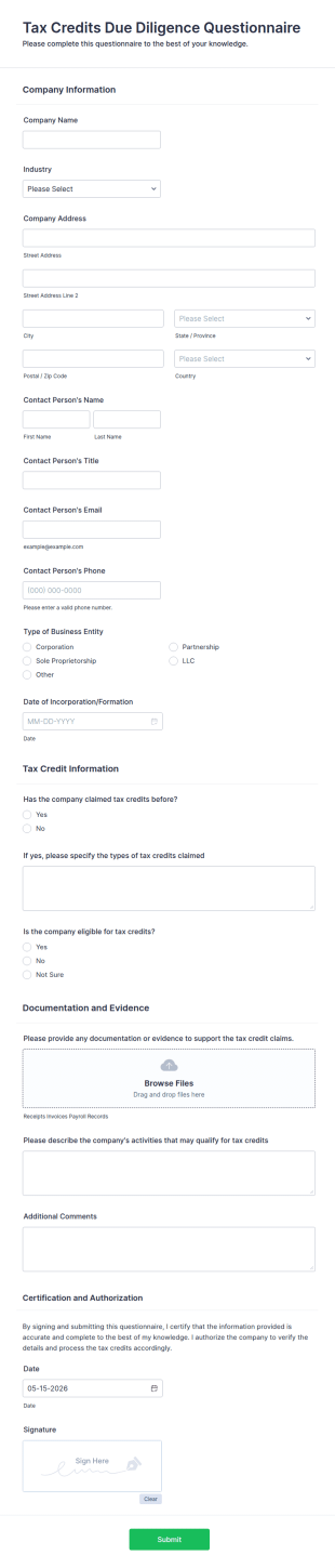 Tax Credits Due Diligence Questionnaire Form Template