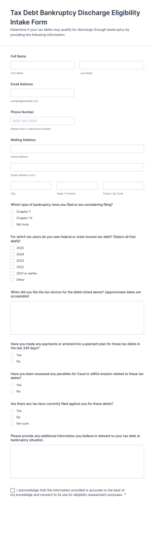 Tax Debt Bankruptcy Discharge Eligibility Intake Form Template
