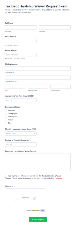 Tax Debt Hardship Waiver Request Form Template