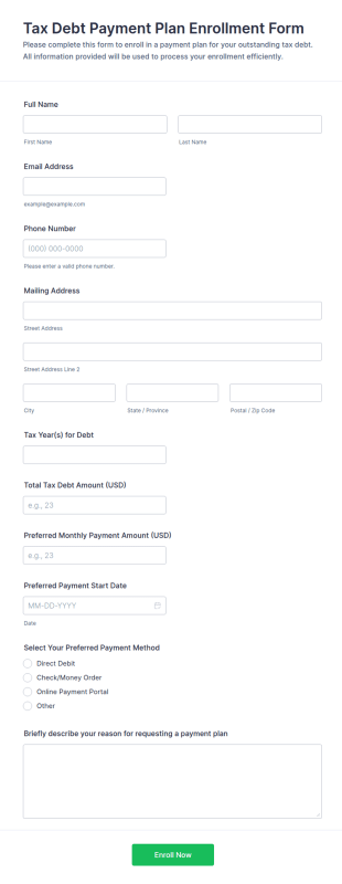 Tax Debt Payment Plan Enrollment Form Template