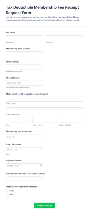 Tax Deductible Membership Fee Receipt Request Form Template