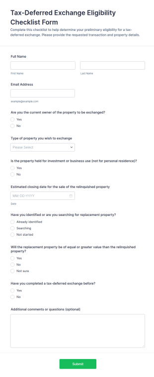 Tax Deferred Exchange Eligibility Checklist Form Template