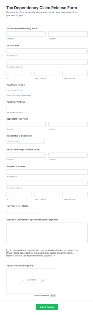 Tax Dependency Claim Release Form Template