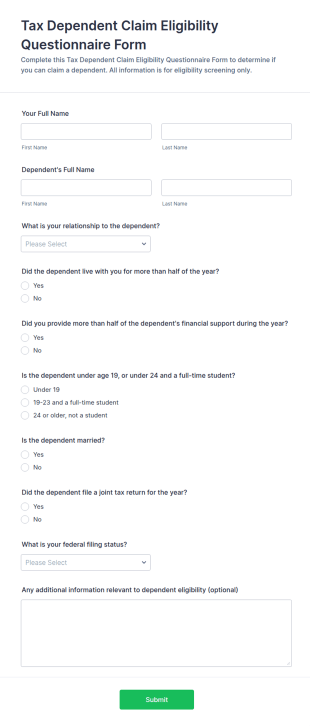 Tax Dependent Claim Eligibility Questionnaire Form Template