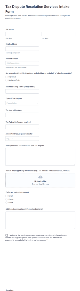 Tax Dispute Resolution Services Intake Form Template