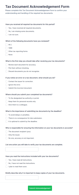 Tax Document Acknowledgement Quiz Form Template