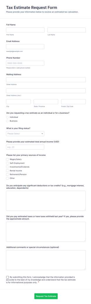 Tax Estimate Request Form Template