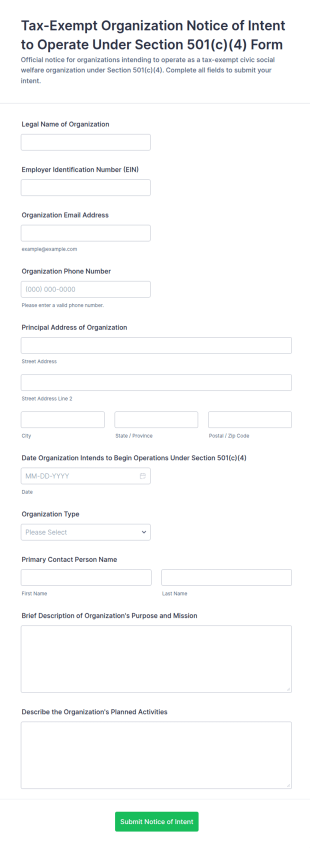 Tax Exempt Organization Notice Of Intent To Operate Under Section 501(c)(4) Form Template