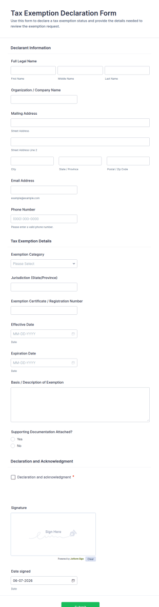 Tax Exemption Declaration Form Template